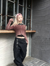 grunge washing off-shoulder crop two-way zip-up