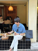 セミオーバーボタンハーフデニムシャツ  / LMN Semi-Over Button Half Denim Shirt (2 colors)