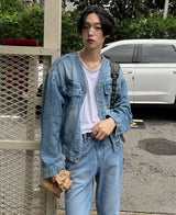 カラーレスデニムジャケット/Collarless denim jacket