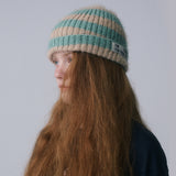 FURRY LOGO BEANIE, BEIGE+MINT STRIPE