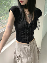 ティプシーシャーリングコルセットストラップクロップショートスリーブTシャツ