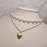 Heart Locket Layered Pearl Choker Necklace - Gold ver. (STAYC Seeun, Billlie Sheon Necklace)