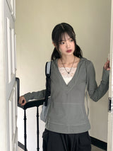 RtiビンテージVネックレースフード長袖Tシャツ