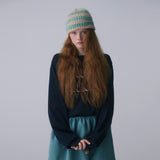 FURRY LOGO BEANIE, BEIGE+MINT STRIPE