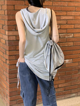 スクエアサイドストリングロングフードノースリーブシャツ / square side string long hooded sleeveless shirt