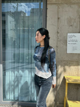 Denim see-through long sleeve top