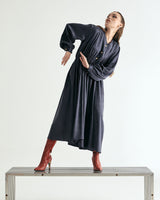V-NECK CREASE SHIRRING ONEPIECE - DARK GRAY (6635995660406)