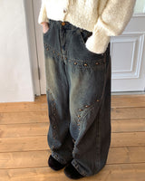 Pector Western Stud Embroidery Washed Long Wide Denim Pants