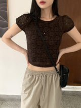 レイヤードシースルーレースパフ半袖Tシャツ/Poel layered see-through lace puff short sleeve T-shirt