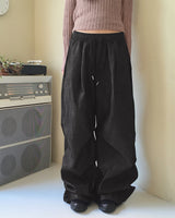 Perba pintuck shirring denim two-way long wide jogger pants