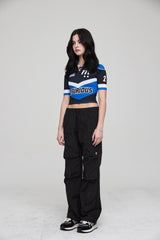 モトハーフジップアップジャージクロップトップ / MOTO HALF ZIP UP JERSEY CROP TOP BLACK