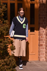 ライトグリーンCパッチvネックニットベストユニセックス / Light Green C Patch V-neck Navy Knitwear Vest