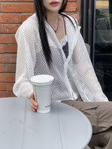 ティシュサマーネットボタン長袖フードカーディガン / Tish Summer Net Button Long-Sleeve Hood Cardigan