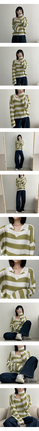 ヒティーブックルカラーストライプニットウェア / Hitty Bookle Collar Striped Knitwear