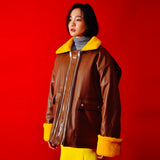 [UNISEX] Faux-Shearling and Leather Coat (Brown) (6656031850614)