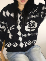 Beorose jacquard pattern hooded knit zip-up