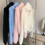Angora hood knit zip-up