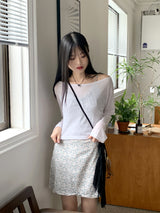リードリネンボートネックビーチウェアクロップド長袖Tシャツ / Reid linen boat neck beach wear cropped long-sleeved T-shirt
