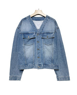 カラーレスデニムジャケット/Collarless denim jacket