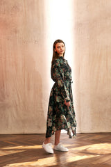 "PRE-ORDER 4/16~" VINTAGE FLOWER UNBALANCE FLARE SKIRT (Black) (6546128175222)