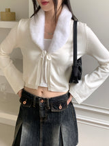Kime collar fur ribbon string long sleeve cardigan