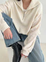 リブハーフジップアップニット/Ribbed Half Zip Up Knit (4color)