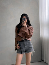 Mone French Leather Crop Shirt Jacket (2color) (6603994136694)