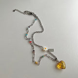 ハートフラワービーズヒップメイドネックレス / ely Yellow Orange Heart Flower Beads Hip Handmade Necklace