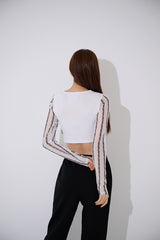 ラインブラックホールメッシュクロップTシャツ / TOP(9369) Line Black Hole Mesh Crop Tee