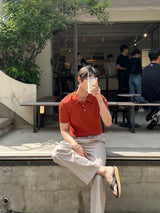 マッスルフィットVネックヘンリーネックショートスリーブニットウェア (4 colors)
