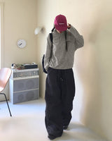 Perba pintuck shirring denim two-way long wide jogger pants