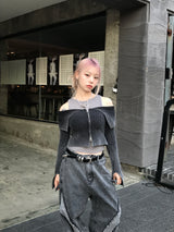 grunge washing off-shoulder crop two-way zip-up