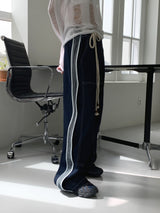 デューパーステッチカラーマッチングロープベルトロングワイドデニムパンツ / Duper stitch color matching rope belt long wide denim pants