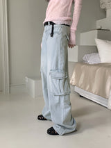Washed Pocket Cargo Light Blue Long Wide Denim Pants
