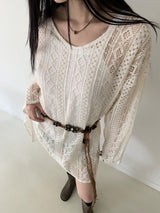 イービーボヘミアンパンチングレースミニワンピース / [Belt Set] Eevee Bohemian Punching Lace Mini Dress