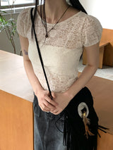 レイヤードシースルーレースパフ半袖Tシャツ/Poel layered see-through lace puff short sleeve T-shirt