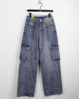 Turbin strap cargo pocket washing denim long wide pants