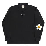 [UNISEX] ELBOW White Flower Smile PK Collar Long Sleeve_Black (6690659762294)