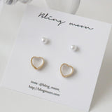 [2 set] Luminous Heart Pearl Earring Set / 2 color