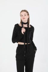 Square Neck Fur Knit T-shirt Muffler Set Black