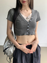 カタル一体型レースVネッククロップ半袖カーディガン/ Catal all-in-one lace V-neck cropped short-sleeved cardigan