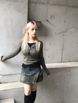 vintage layered unbalanced cargo denim pantskirt
