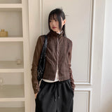 Tatter ribbed coloring belt two-way crop zip-up jacket