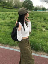 袖口シャーリング長袖T