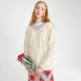 Logo embroidery v-neck Knit [Ivory] (6610306924662)