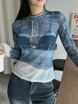 Denim see-through long sleeve top