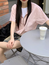 フリーンナイロンポケットストリングクロップ半袖ジップアップ / Frean nylon pocket string crop short-sleeved zip-up