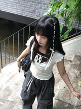 romantic lovely ribbon choker frill ribbed T-shirt