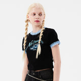 チェリーホットフィックスレースクロップTシャツ / CHERRY HOTFIX LACE CROP T-SHIRT [BLACK]