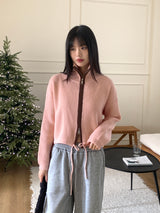 LB wool color combination ribbed string knit zip-up